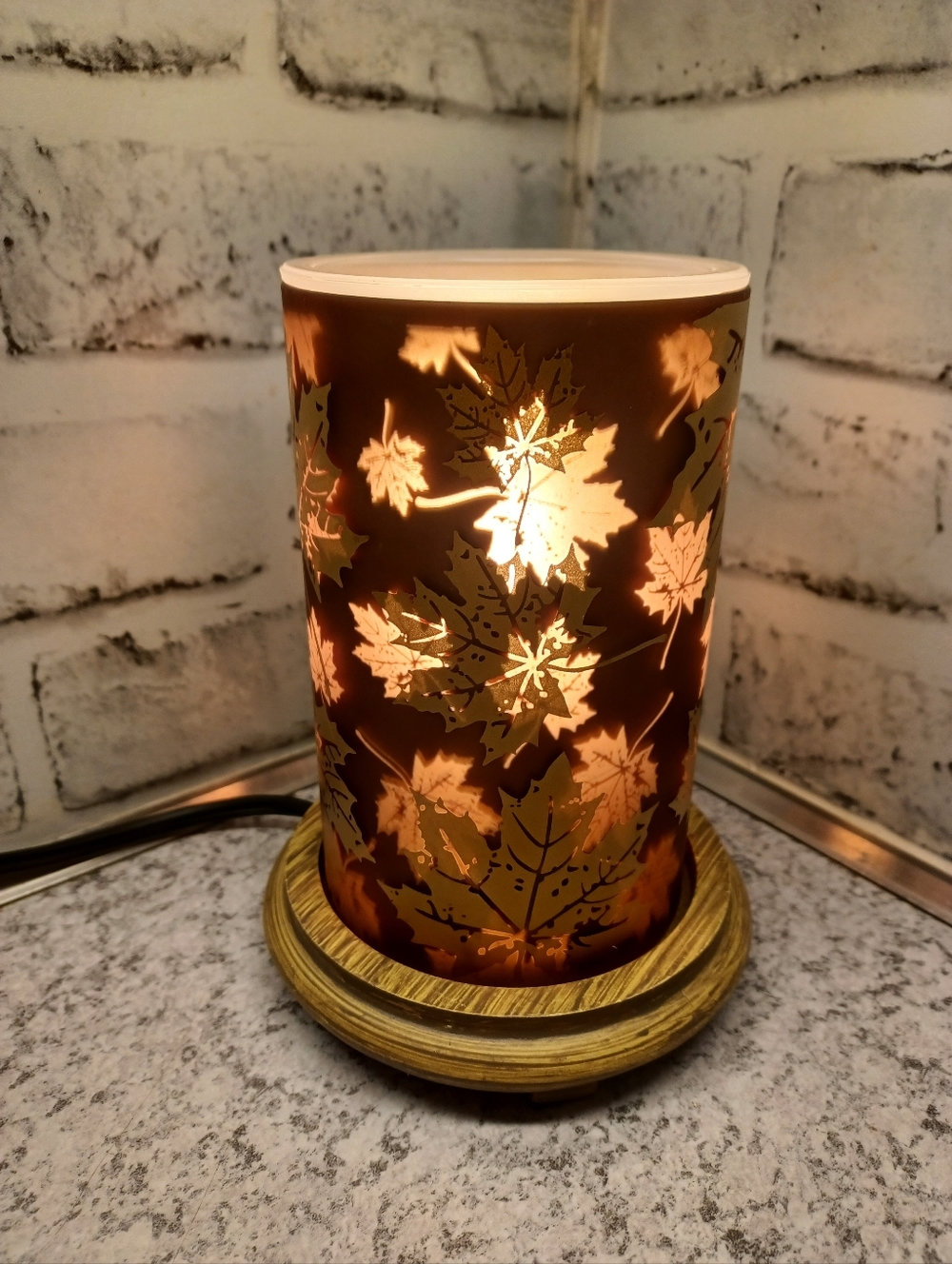 Falling Leaves Gold Wax Warmer Simmer Lights pot Pink zebra Woodgrain base
